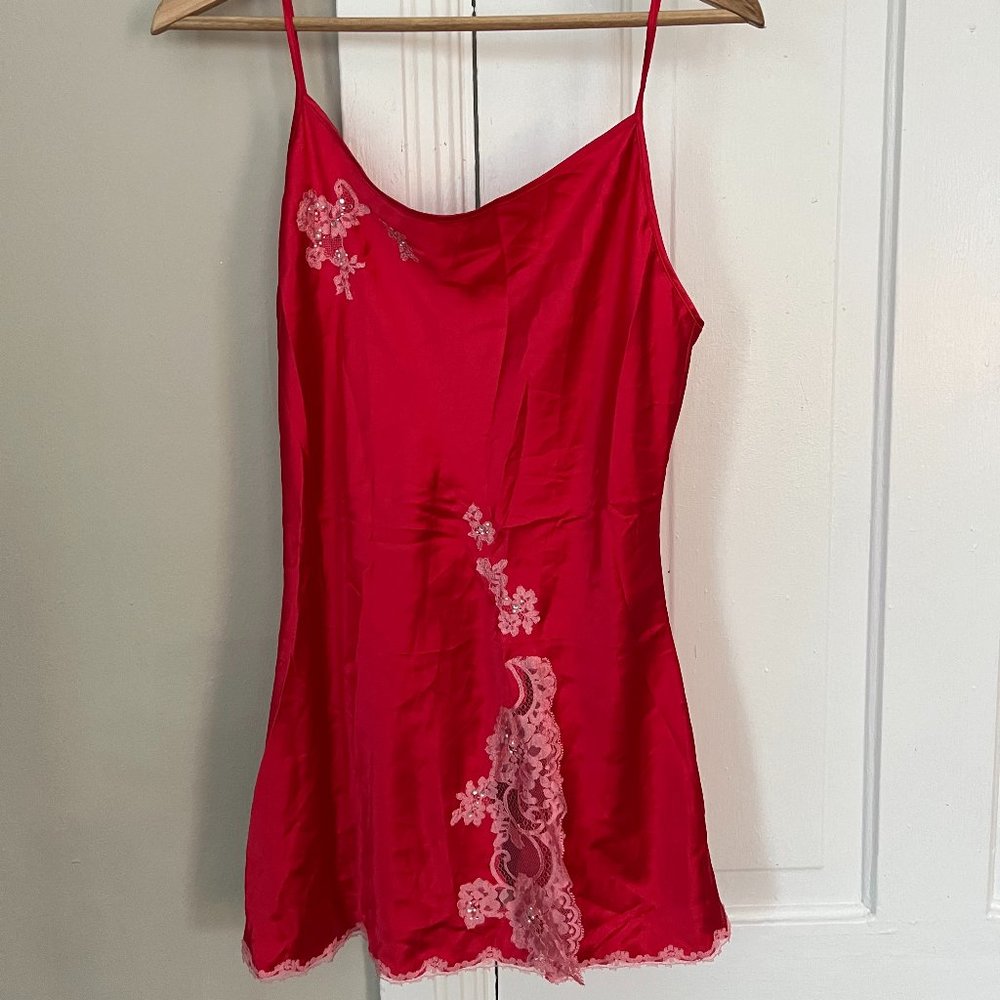 Vintage Victoria's Secret Satin Lace Nightgown Nightie Chemise Red Pink Slip M